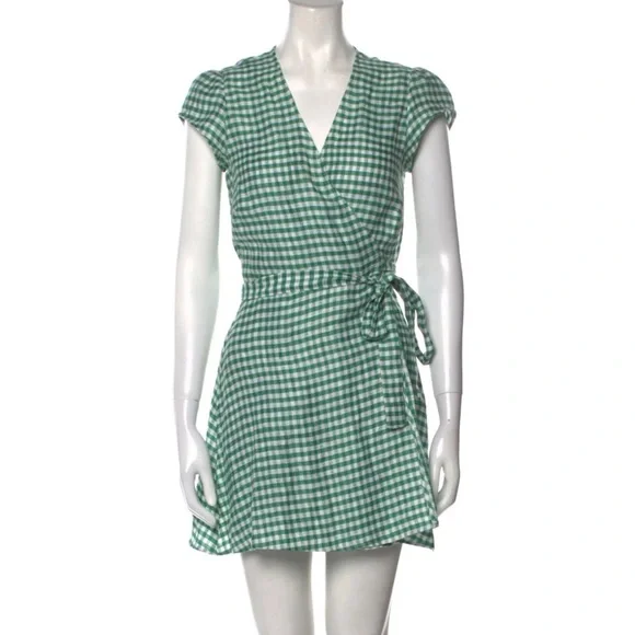 Reformation Green Gingham Linen Wrap Dress - Picture 1 of 6